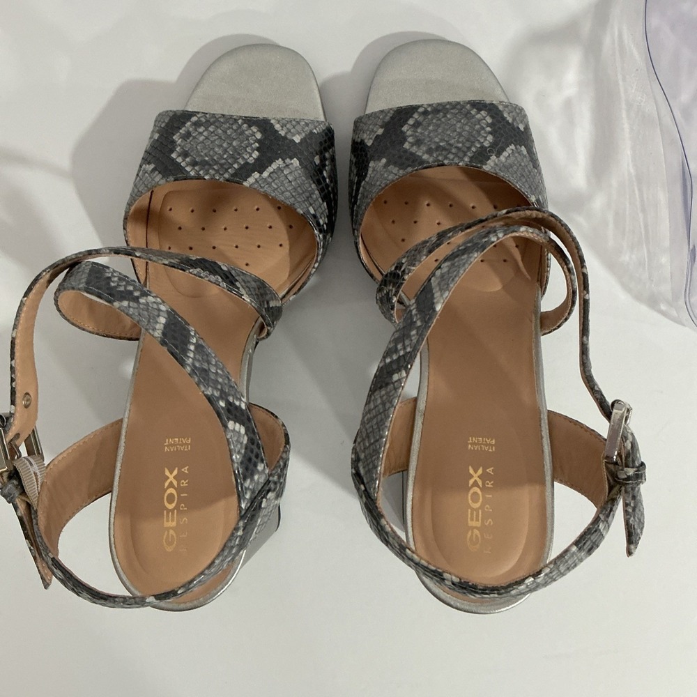 Geox D Sella High Sandals Light Gray Snake Skin Silver Block Heel, Size 41 Italy - Picture 7 of 8